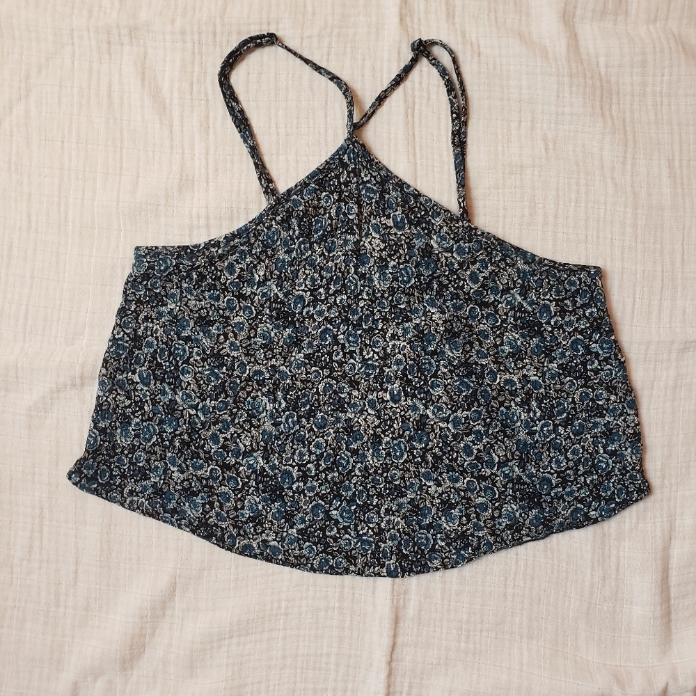 American Eagle floral cross front strappy crop top tank top blue Y2K Small